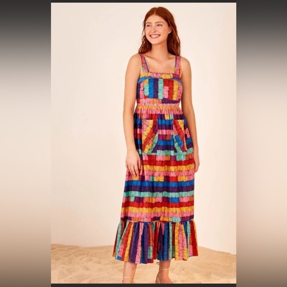 New! Farm rio for Anthropologie large striped midi sleeveless dress.